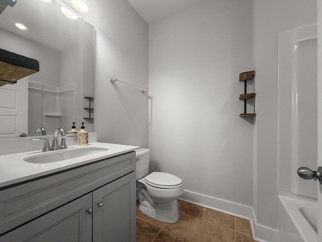 bathroom featuring toilet, vanity, baseboards, and tile patterned flooring