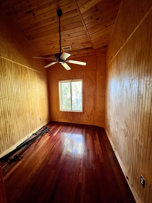 spare room with dark hardwood / wood-style flooring, wood walls, lofted ceiling, and wood ceiling