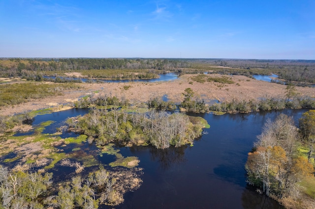 aerial view with a water view and a wooded view