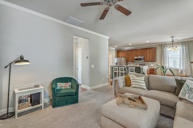 1408 Bimini Dr, Charleston, SC 29414 - living area featuring ornamental molding, a ceiling fan, baseboards, light carpet, and recessed lighting