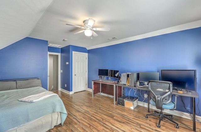1408 Bimini Dr, Charleston, SC 29414 - bedroom with an office area, wood finished floors, baseboards, a ceiling fan, and lofted ceiling