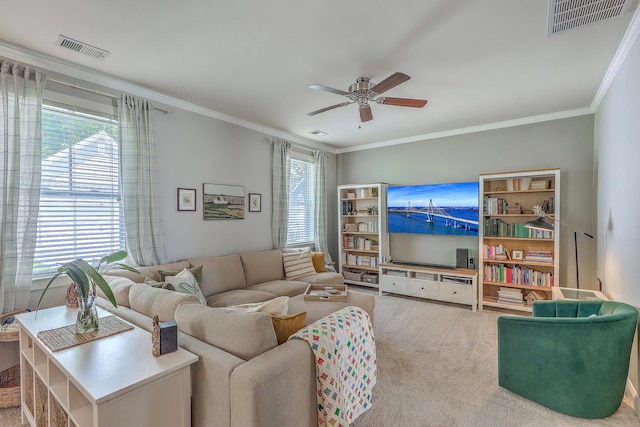 1408 Bimini Dr, Charleston, SC 29414 - carpeted living area featuring ceiling fan and crown molding