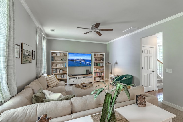1408 Bimini Dr, Charleston, SC 29414 - carpeted living area featuring ornamental molding, a ceiling fan, and baseboards
