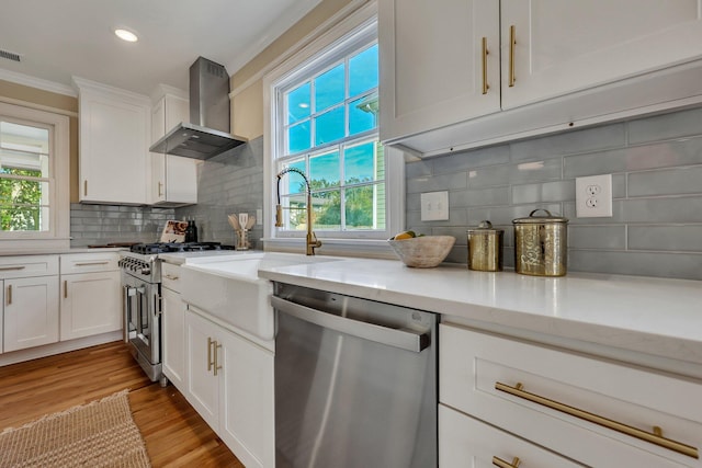 kitchen featuring appliances with stainless steel finishes, light hardwood / wood-style floors, wall chimney exhaust hood, and a healthy amount of sunlight