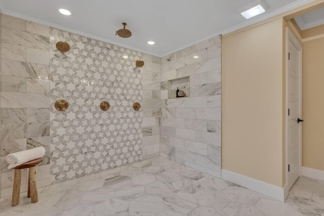 bathroom with tiled shower and crown molding