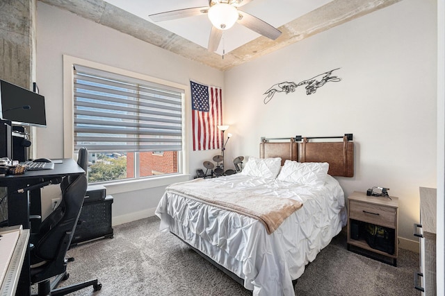 bedroom with carpet flooring, a ceiling fan, and baseboards