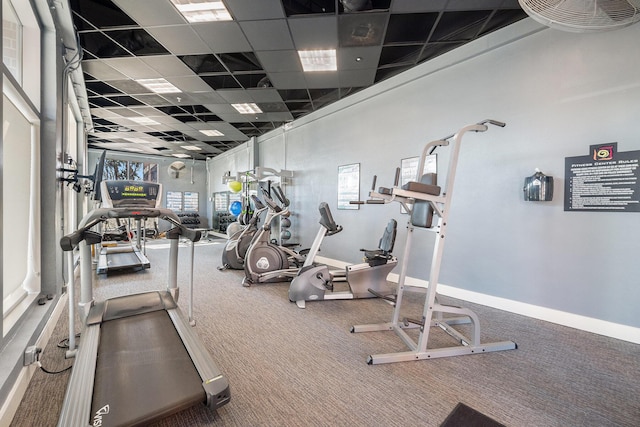 gym with carpet floors, a drop ceiling, and baseboards