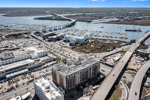 bird's eye view with a water view