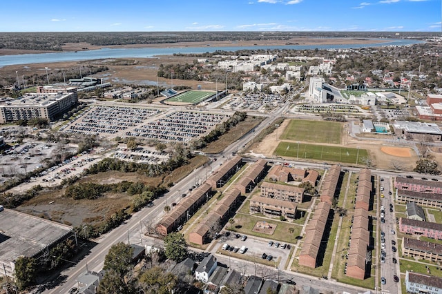 drone / aerial view featuring a water view