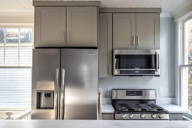 kitchen featuring stainless steel appliances, wood ceiling, and gray cabinetry