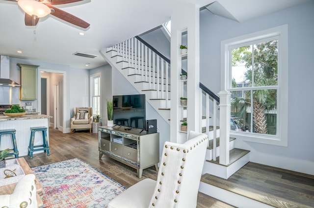 206 Ashley Ave Unit A, B, C, D, E, Charleston, SC 29403 - living area featuring a ceiling fan, recessed lighting, wood finished floors, visible vents, and stairway