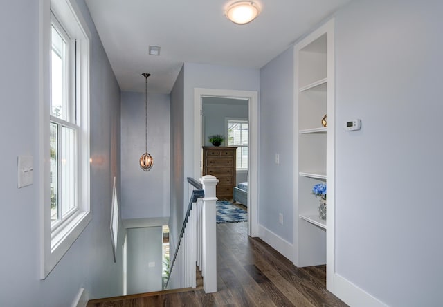 206 Ashley Ave Unit A, B, C, D, E, Charleston, SC 29403 - corridor with visible vents, built in features, baseboards, an upstairs landing, and dark wood-type flooring