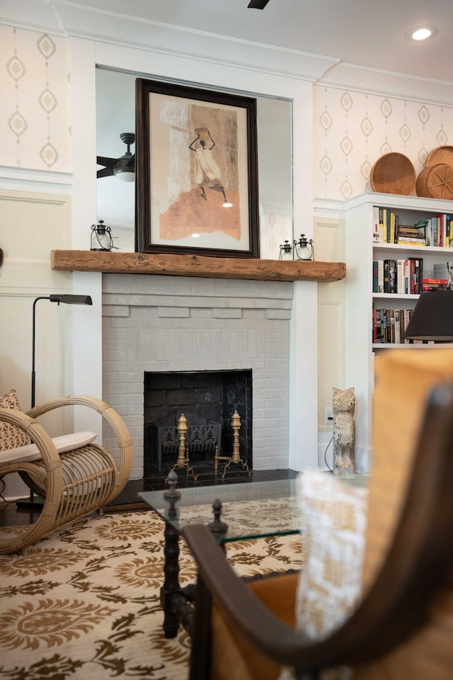 1012 Ashley Ave, Charleston, SC 29403 - living area with a brick fireplace, recessed lighting, and ornamental molding