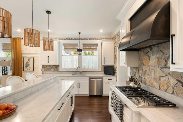 1012 Ashley Ave, Charleston, SC 29403 - kitchen featuring wall chimney range hood, a sink, crown molding, tasteful backsplash, and appliances with stainless steel finishes