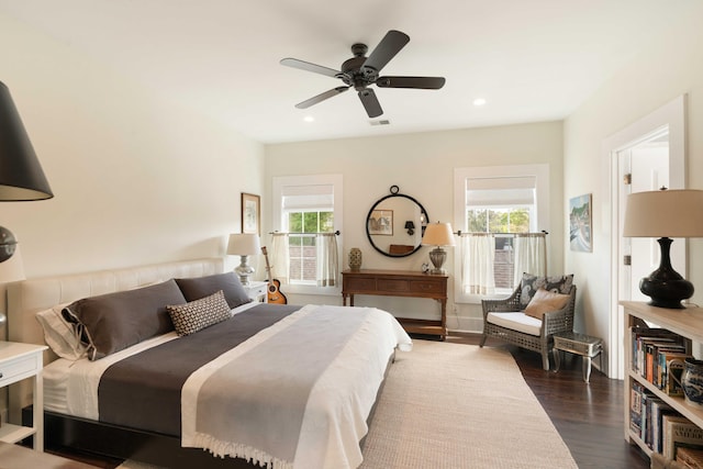1012 Ashley Ave, Charleston, SC 29403 - bedroom with dark wood finished floors, multiple windows, ceiling fan, and recessed lighting