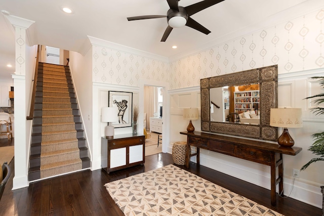 1012 Ashley Ave, Charleston, SC 29403 - entrance foyer with wallpapered walls, a ceiling fan, ornamental molding, wood-type flooring, and stairs