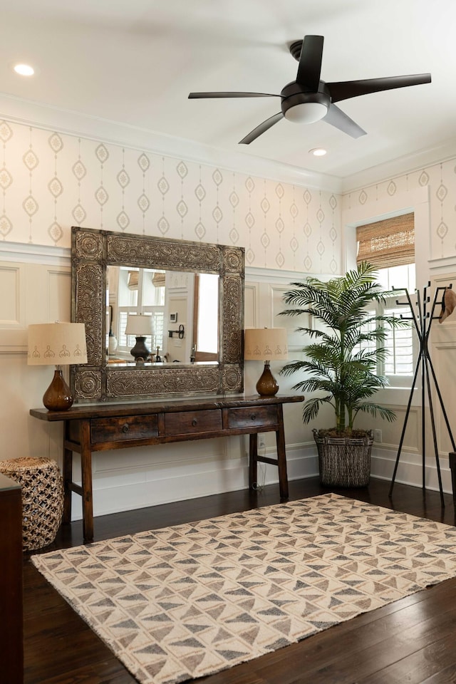 1012 Ashley Ave, Charleston, SC 29403 - interior space with wallpapered walls, a ceiling fan, wood finished floors, a decorative wall, and ornamental molding