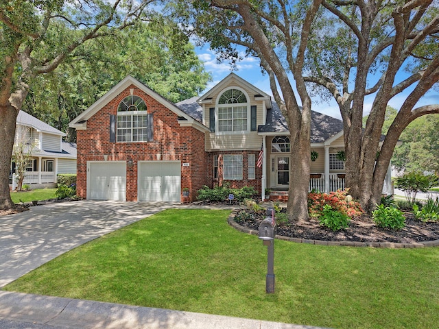 482 Planters Trace Dr, Charleston, SC 29412 - traditional-style house featuring brick siding, a front yard, driveway, a garage, and covered porch