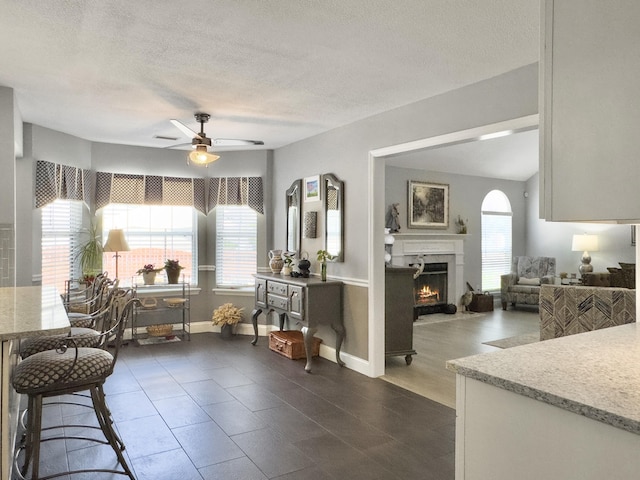 482 Planters Trace Dr, Charleston, SC 29412 - living room featuring ceiling fan, a lit fireplace, a textured ceiling, and baseboards