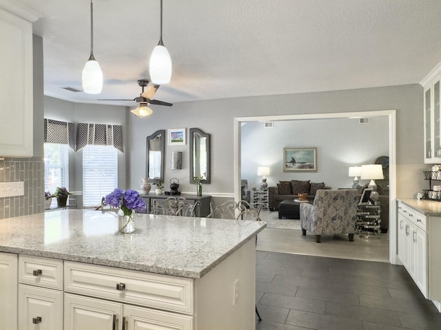 482 Planters Trace Dr, Charleston, SC 29412 - kitchen with open floor plan, a ceiling fan, light stone counters, and glass insert cabinets