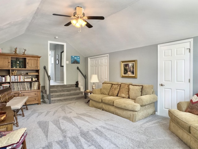 482 Planters Trace Dr, Charleston, SC 29412 - carpeted living room with ceiling fan, vaulted ceiling, and stairs