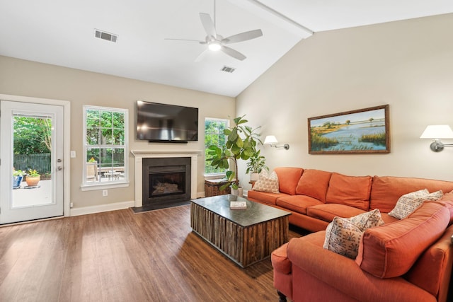 708 Lawton Harbor Dr, Charleston, SC 29412 - living area featuring wood finished floors, a ceiling fan, and a fireplace with flush hearth