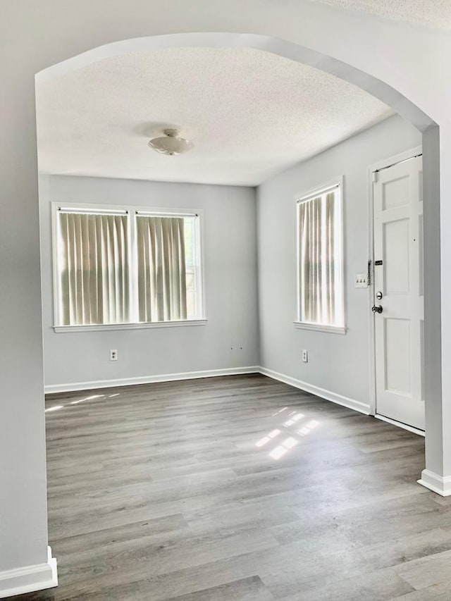 105 S Merriman Rd, Georgetown, SC 29440 - empty room featuring arched walkways, plenty of natural light, a textured ceiling, and wood finished floors