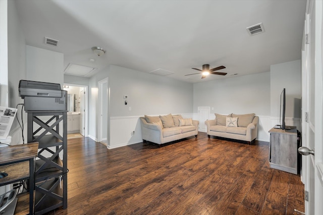 111 Nolin Rd, Moncks Corner, SC 29461 - living room featuring wainscoting, a ceiling fan, attic access, and wood finished floors