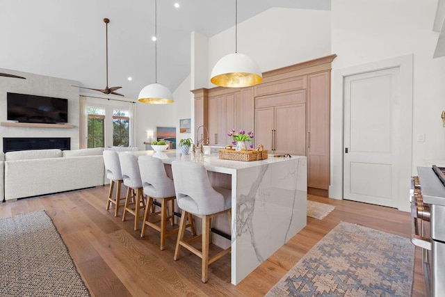 kitchen with light wood finished floors, open floor plan, high vaulted ceiling, and light stone countertops