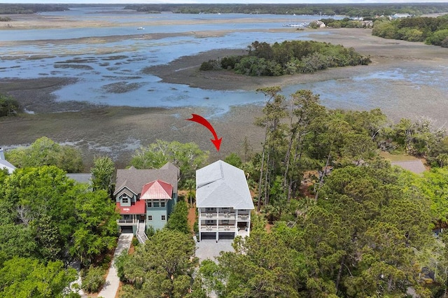 drone / aerial view with a water view