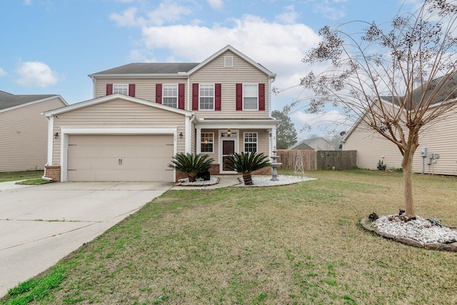 traditional-style house featuring fence, an attached garage, concrete driveway, a front lawn, and brick siding