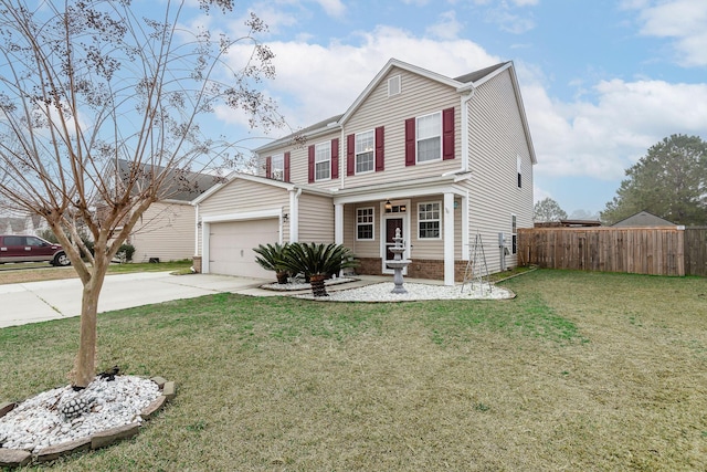 traditional-style home featuring a garage, concrete driveway, a front yard, and fence