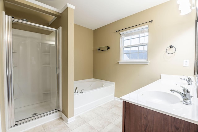 full bathroom with baseboards, a stall shower, a sink, tile patterned floors, and a bath