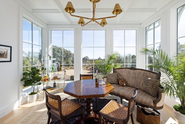 sunroom / solarium featuring coffered ceiling and beam ceiling