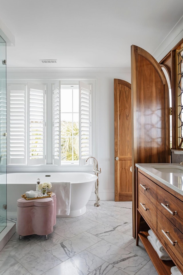 bathroom with vanity and separate shower and tub