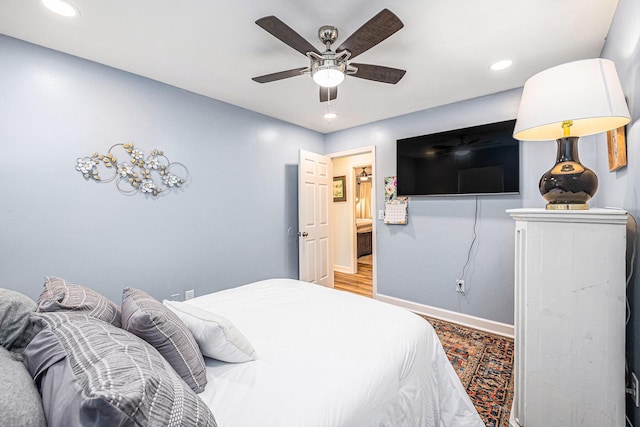 bedroom with baseboards, recessed lighting, and a ceiling fan