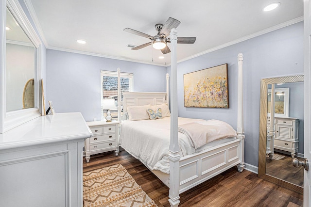 bedroom featuring dark wood-style floors, crown molding, ceiling fan, and recessed lighting