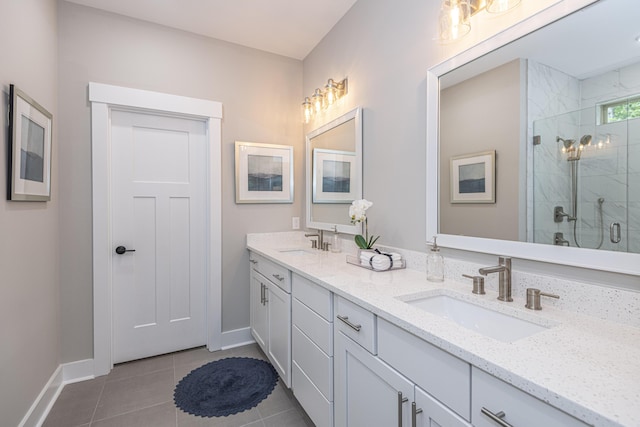 bathroom featuring tile patterned flooring, vanity, and walk in shower