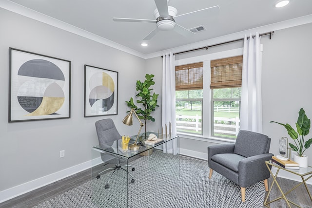 office area featuring ceiling fan, dark hardwood / wood-style flooring, and crown molding