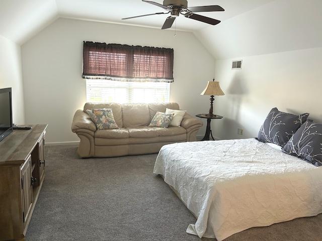 carpeted bedroom with lofted ceiling, visible vents, and ceiling fan