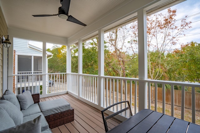 sunroom with a wealth of natural light and ceiling fan