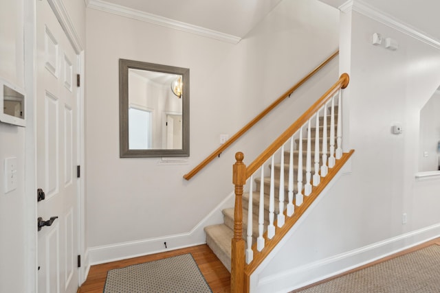 stairs with crown molding and hardwood / wood-style flooring