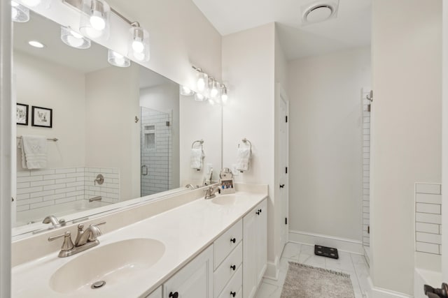 bathroom with vanity and plus walk in shower