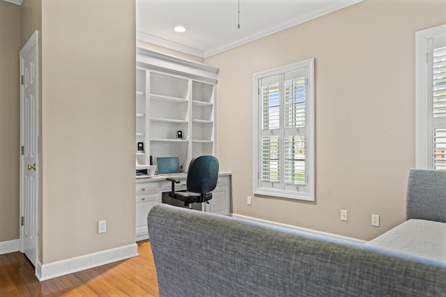 1096 Dunham Rd, Orangeburg, SC 29118 - office area with baseboards, ornamental molding, light wood finished floors, and recessed lighting