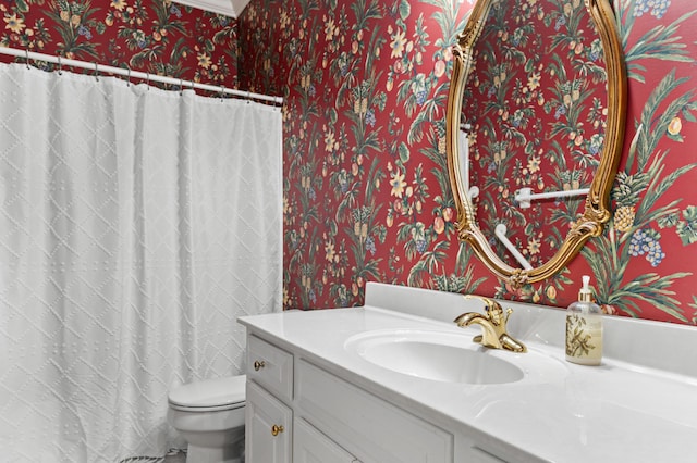 1096 Dunham Rd, Orangeburg, SC 29118 - bathroom with vanity, toilet, a shower with shower curtain, and wallpapered walls