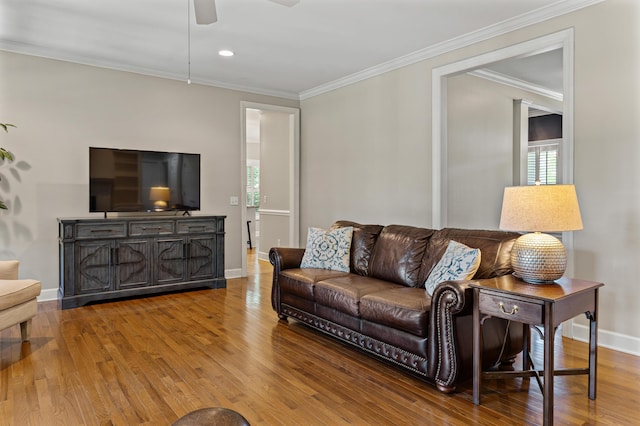 1096 Dunham Rd, Orangeburg, SC 29118 - living room with crown molding, wood finished floors, baseboards, and ceiling fan