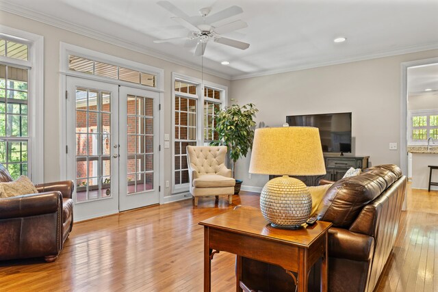 1096 Dunham Rd, Orangeburg, SC 29118 - living area featuring a ceiling fan, ornamental molding, recessed lighting, and hardwood / wood-style flooring