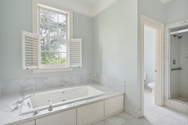 bathroom with plus walk in shower, toilet, and tile patterned floors