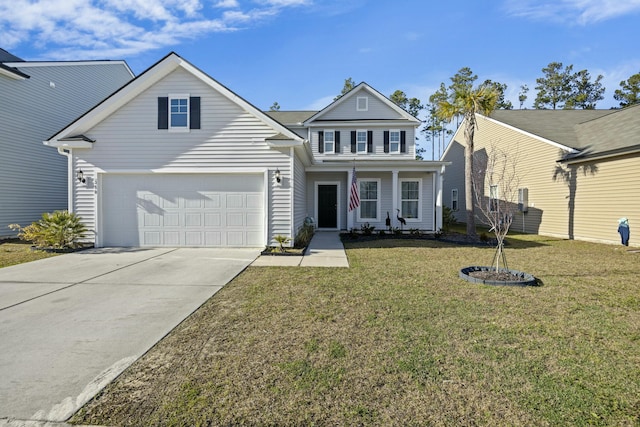 traditional-style house with driveway, a front lawn, and a porch