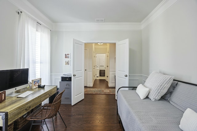 310 Silent Bluff Dr, Summerville, SC 29486 - bedroom with a wainscoted wall, crown molding, dark wood finished floors, visible vents, and a decorative wall